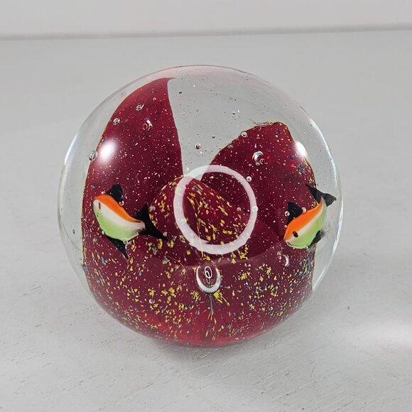 Art Glass Paperweight With Red Core Swimming Fish Orange Green - Picture 7 of 8
